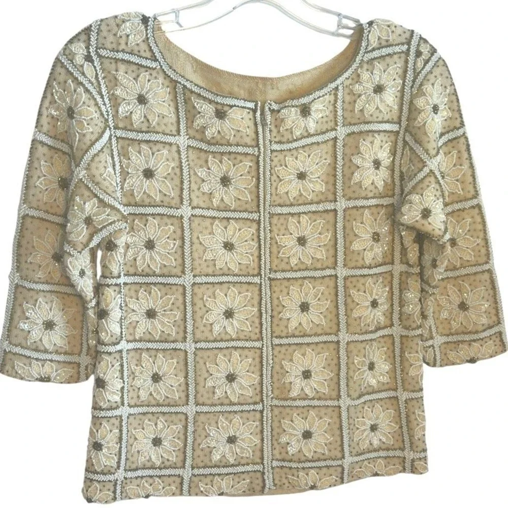 Gene Shelly's Boutique Internationale Vintage MCM Beaded Sweater Cream White‎